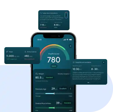 Smartphone displaying Hume health app with health score of 780, daily recommendations, step count, calories, sleep guidance, and metabolic and body composition insights.