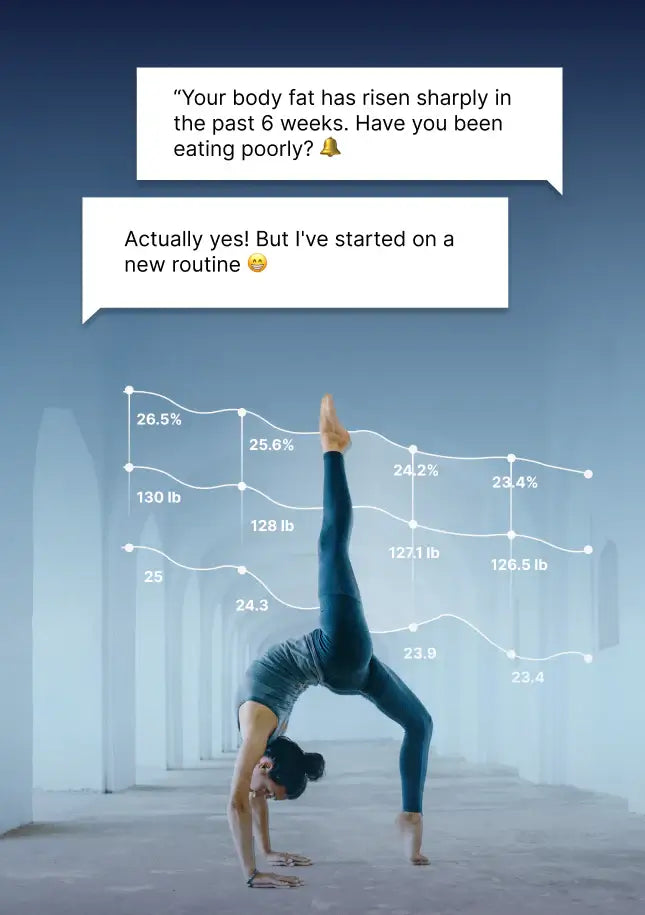 woman doing backbend with progress metrics graph